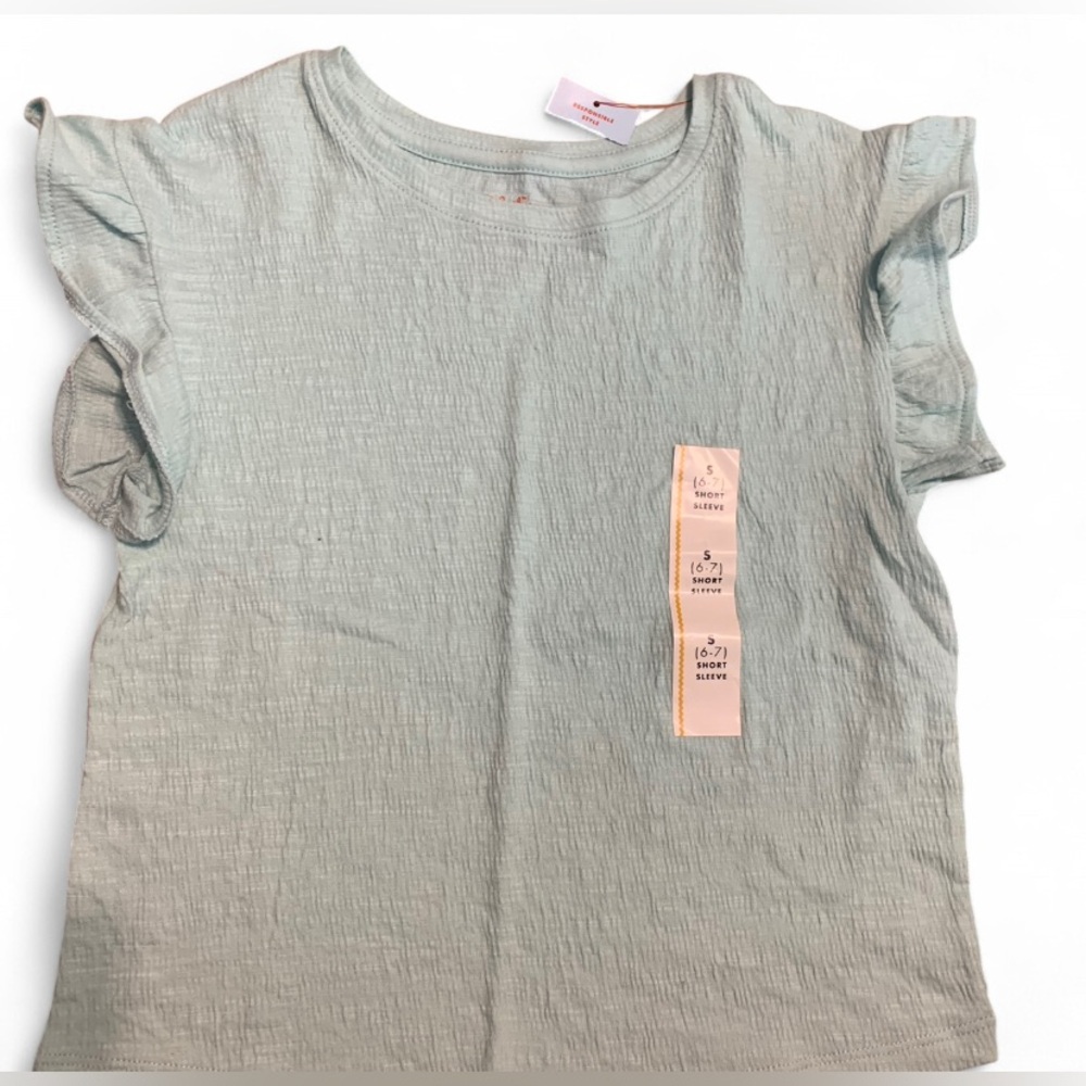 NWT Cat & Jack Light Aqua Ruffle Short Sleeve Shirt Girl Size S 6/7    (K375)